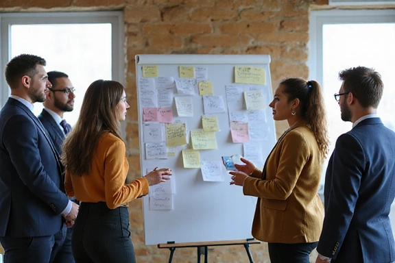 Réunion de gestion de projet avec tableau Kanban